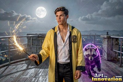 A man in a yellow robe holds a sparking wand beside a badger in bright moonlight