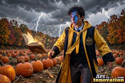 Walking forward in a pumpkin patch, a man points his wand at a flying book