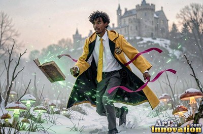 A man in a yellow coat runs through snow toward a floating book