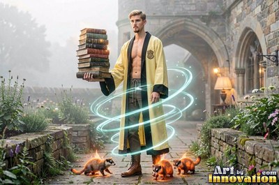 In a stone courtyard, an open-robed man holds books above small badgers