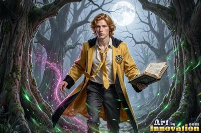 Walking through dark woods, a blond man in a yellow coat holds an open book under moonlight