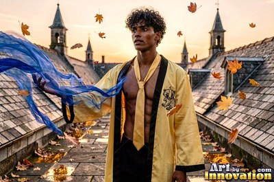 A man in an open yellow robe on a rooftop with falling leaves