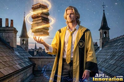 Wearing an open yellow robe, a blond man balances floating books on a castle rooftop at dusk