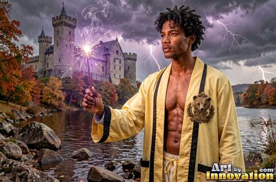 A younger man raises a sparkling wand by a lake under stormy purple clouds
