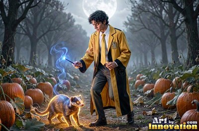 Stepping forward in a pumpkin patch, a man in a yellow coat casts a spell on a badger