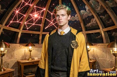 A young fair-haired man in yellow wizard robes stands under a painted domed ceiling