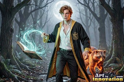 In a misty forest, a young man in black robes casts magic from a floating book