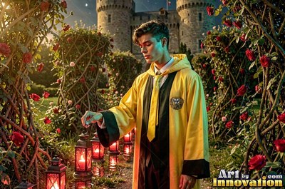 Touching a glass lantern, a youthful man in yellow robes walks by roses near a castle