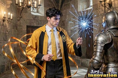 A man in a yellow robe casts blue sparks at a suit of armor