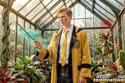 A blond man points his wand in a greenhouse, sending green smoke into the bright daylight