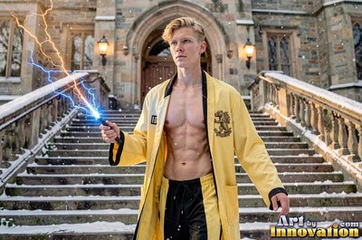 A shirtless blond man in an open yellow robe casts lightning on snowy stone steps