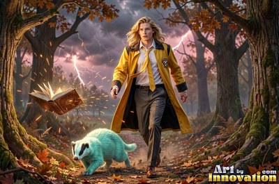 In an autumn forest, a young blond man in a yellow coat walks with a badger