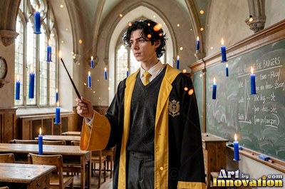 Holding up a wand, a young man in black and yellow robes stands by floating blue candles
