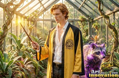 A man in his youth in a yellow robe holds a wand in a greenhouse