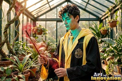 In a yellow-lined black robe, a young man grips a magic wand in a sunlit greenhouse full of potted plants