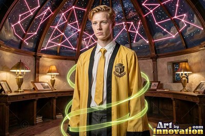 A young blond-haired man stands in an observatory encircled by ribbons of green light