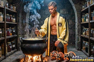 Kneeling in a stone cellar, a man in a yellow robe stirs a smoking cauldron near badgers
