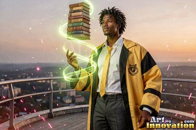 A man in his youth in a yellow robe floats a stack of books above his hand on a roof