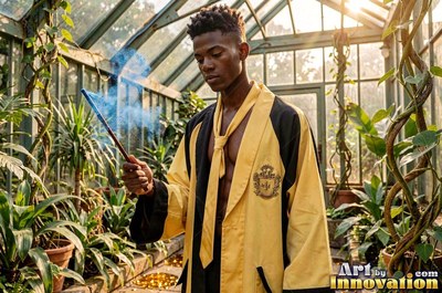 In a sunny greenhouse, a young Black man in yellow robes holds a smoking wand