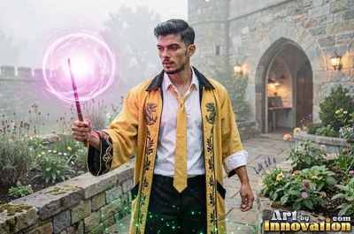 Casting pink light with a wand, a man in a yellow robe stands in a stone courtyard