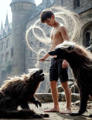 Barefoot younger man in dark shorts holds a wand between two badgers outdoors