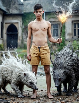 Wearing yellow shorts, a shirtless young man holds a torch near two badgers in a stone courtyard