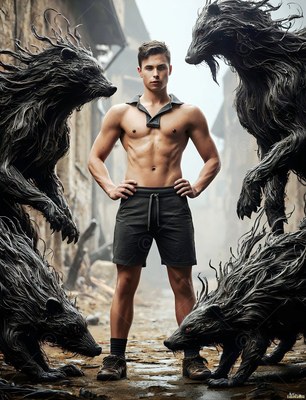 A shirtless man stands surrounded by four dark badger beasts in misty gray daylight