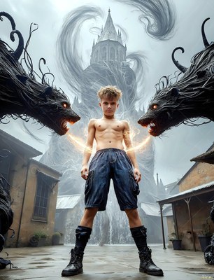 Standing tall in a stone courtyard, a young shirtless man faces two dark badgers