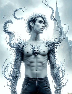 A shirtless pale man stands outside with gray root tendrils curling off his body