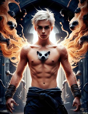 In a dark hall, a shirtless blond man stands with orange smoke shaped like badgers