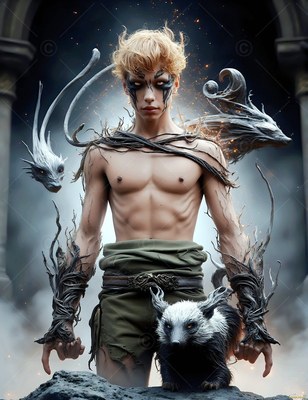 Standing bare-chested with a badger at his feet, a young man wears twisted bark on his arms
