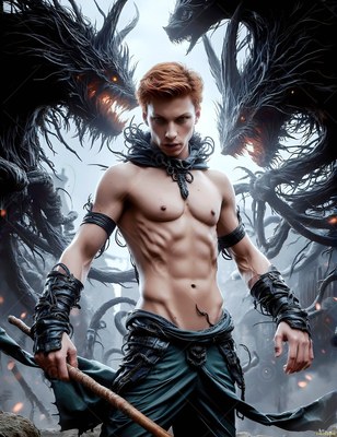 A shirtless younger man with red hair stands near dark shadow creatures