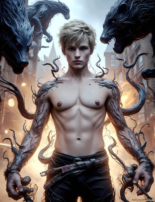 Bare-chested man wrapped in dark vines stands in a foggy courtyard flanked by shadowy badgers