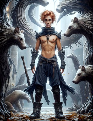 Standing upright in a stone hall, a shirtless man faces carved wooden badgers
