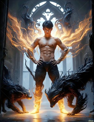A shirtless man stands with bright flame wings between two dark beasts