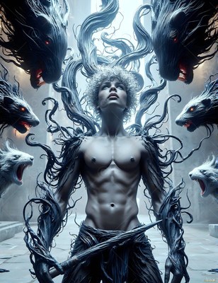 In a stone hall, a shirtless man stands surrounded by snarling badgers made of smoke