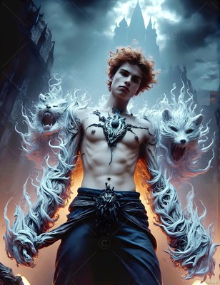 Standing bare-chested under a dark sky, a youthful man summons pale beasts onto his arms