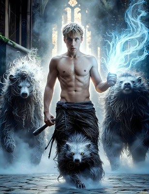 A shirtless man in his youth holds blue light surrounded by badgers