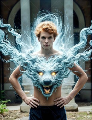 A youthful man stands outdoors as pale blue smoke shapes a snarling beast on his chest
