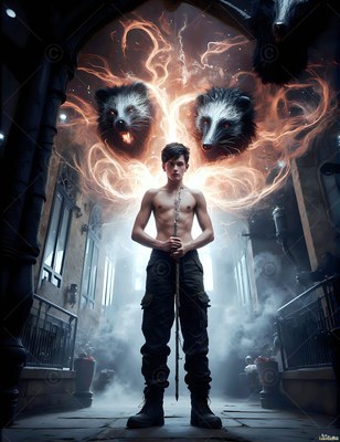 Standing straight in a stone hall, a shirtless man cradles a staff near smoke badgers