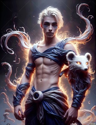 A shirtless young man stands in gray wraps with a white badger spirit on his shoulder