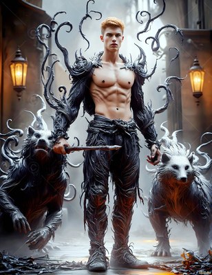 In a stone hallway, a shirtless man stands holding a wand between two gray badgers