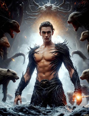 Standing in gray water, a shirtless man in feathered black armor faces badgers in a cave