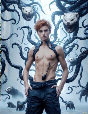 A shirtless man stands surrounded by dark roots and snarling badgers
