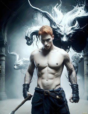 Standing shirtless in a stone hall, a red-haired man summons smoke beasts