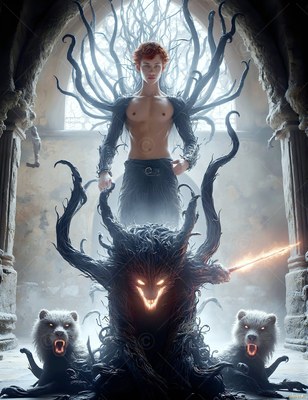 In a stone archway, a shirtless younger man stands over dark roots and snarling badgers