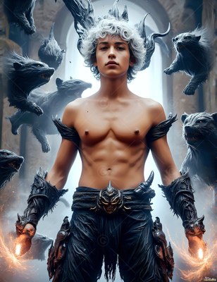A shirtless man stands surrounded by floating badgers
