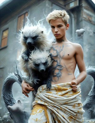 Standing shirtless in a stone yard, a blond man cradles two smoky badgers