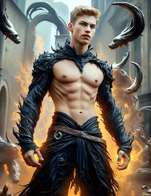 A shirtless man stands surrounded by leaping badger heads with bright orange fire behind him