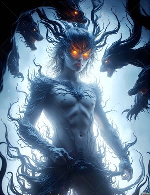 A shirtless man with fiery eyes stands surrounded by shadowy badgers in cool blue light